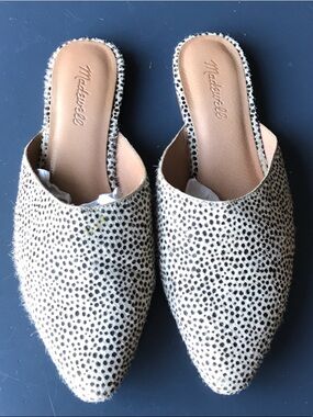 Madewell Cream and Black Spotted Pointed Slide Mules
